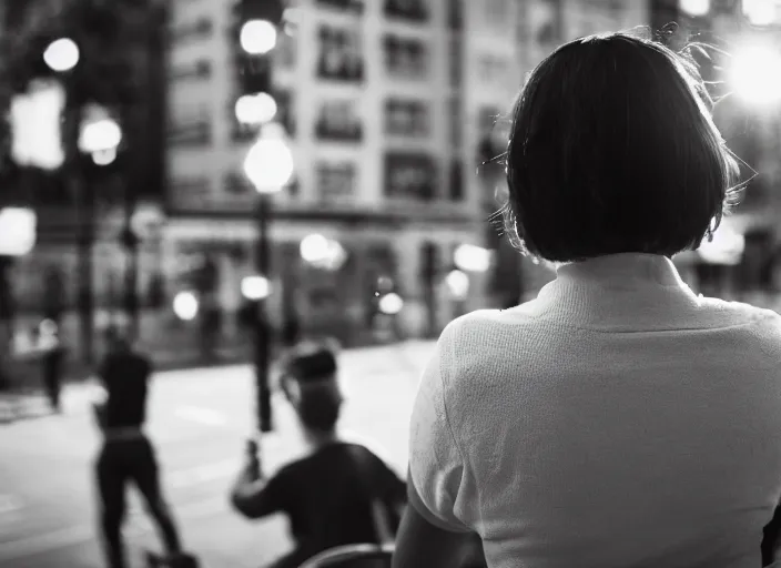 Image similar to a 2 8 mm macro photo from the back of a woman watching a parade, splash art, movie still, bokeh, canon 5 0 mm, cinematic lighting, dramatic, film, photography, golden hour, depth of field, award - winning, anamorphic lens flare, 8 k, hyper detailed, 3 5 mm film grain