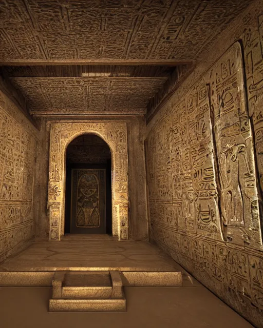 Image similar to an ornate and royal egyptian antechamber tomb, unreal engine, hyper realism, realistic shading, cinematic composition, blender render, octane render, hdr, detailed textures, photorealistic, ultrawide shot, 3 5 mm film