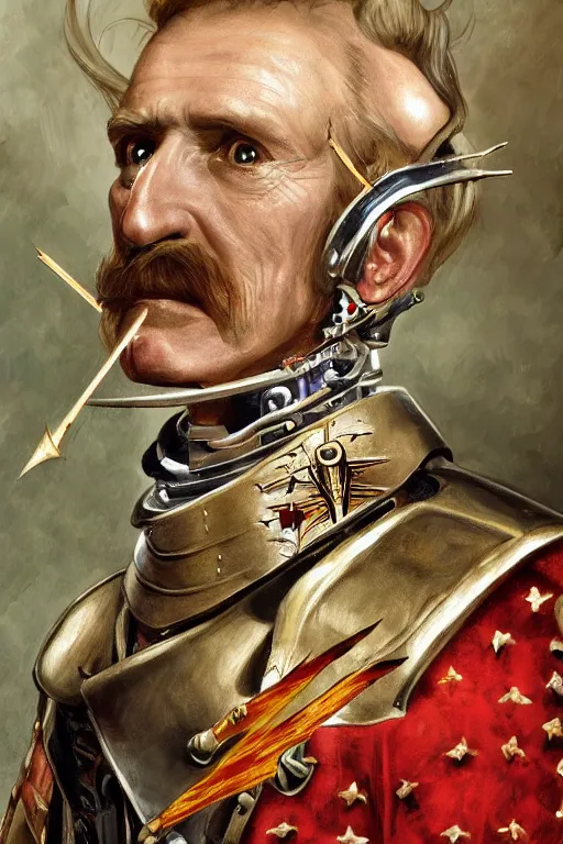 Prompt: portrait, headshot, digital painting, of General Custer as a military cyborg with several arrows in his head and body, amber jewels, vr headset, baroque, ornate clothing, scifi, futuristic, realistic, hyperdetailed, chiaroscuro, concept art, art by waterhouse and witkacy