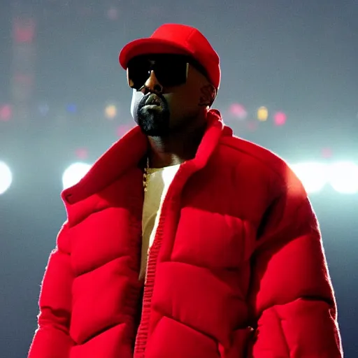 Image similar to kanye west wearing a red puffer jacket and red pants, standing in a stadium