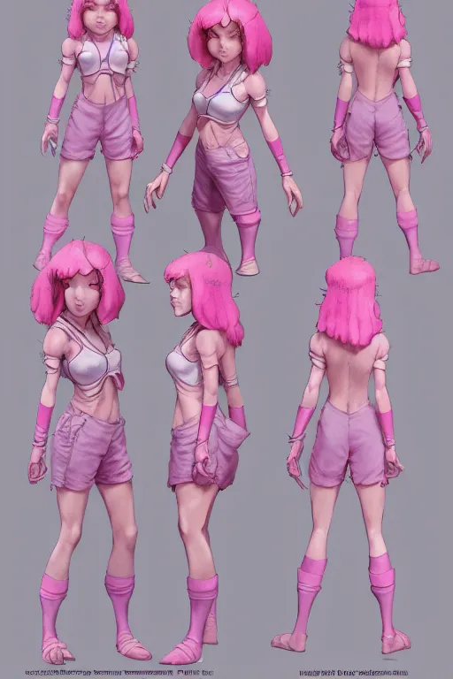 Image similar to character sheet for a pink haired female for hamcus impact by craig mullins, by studio ghibli, digital art, trending on artstation, hd, 8 k, highly detailed, good lighting, beautiful, masterpiece