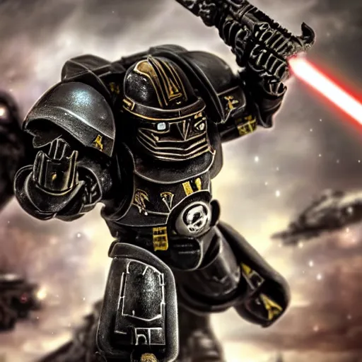 Image similar to space marine from warhammer 40000 in the style of Darth Vader from star wars, realism, against the background of the battlefield, depth of field, focus on darth vader,