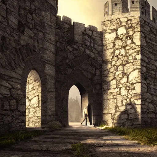 Image similar to man standing at the entranceway to dracula's castle, stone walls, large wooden door, gothic horror, victorian, photorealistic, hyperdetailed, matte painting, concept art