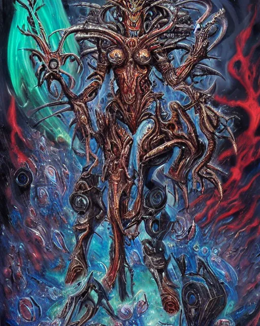 Image similar to silver mechanical charred bloody fleshmetal obliterator cyborg daemonhost woman psychedelic flamer of tzeentch with extra arms guns, blue and green rainbow fire, by antonio j. manzanedo, alex grey, android jones, wayne barlowe, philippe druillet, josephine wall, harumi hironaka, cronenburg, trending on artstation