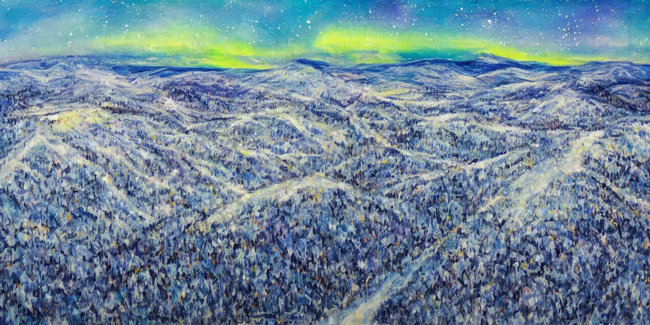 Prompt: abstract painting of the laurentian appalachian mountains in winter, unique, original and creative landscape, aerial view, snowy night, distant town lights, aurora borealis, deers and ravens, footsteps in the snow, brilliant composition