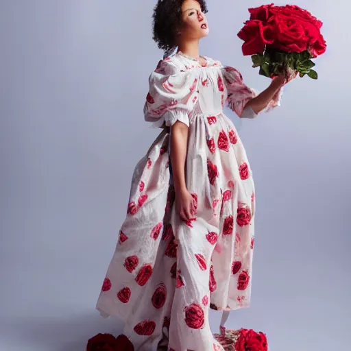 Prompt: a wonderful queen dressed with a large soft and decorate majestic roses cotton dress that is running in the wind, dramatic light, octane--8k