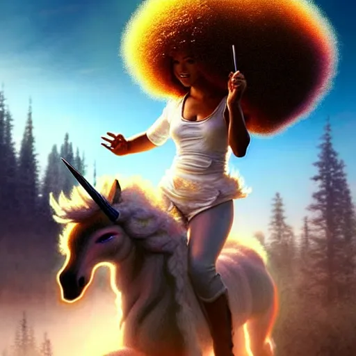 Prompt: bob ross!!! riding!!! a unicorn!!, giant afro!, model pose, ultra realistic, concept art, intricate details, highly detailed, photorealistic, octane render, 8 k, unreal engine. art by artgerm and greg rutkowski and alphonse mucha