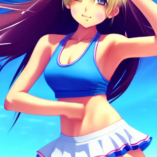 Prompt: a very beautiful young anime tennis girl, full body, long wavy blond hair, sky blue eyes, full round face, short smile, bikini, miniskirt, front view, medium shot, mid - shot, highly detailed, cinematic wallpaper by stanley artgerm lau