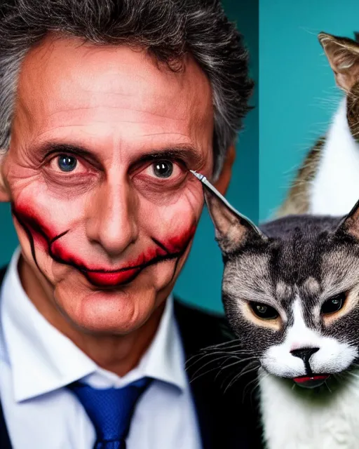 Prompt: Mauricio Macri in Elaborate Joker Makeup and prosthetics designed by Rick Baker, Hyperreal, Head Shots Photographed in the Style of Annie Leibovitz, Studio Lighting, Mauricio Macri with a cat in his hand