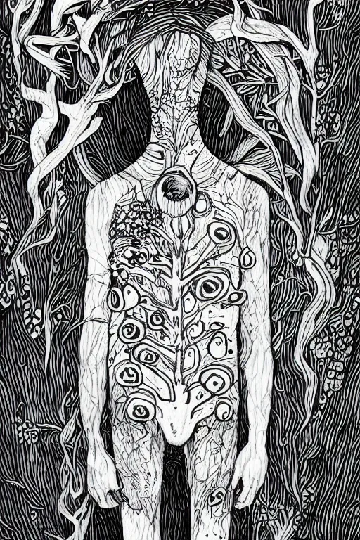 Image similar to black and white illustration, creative design, body horror, forest mushroom man