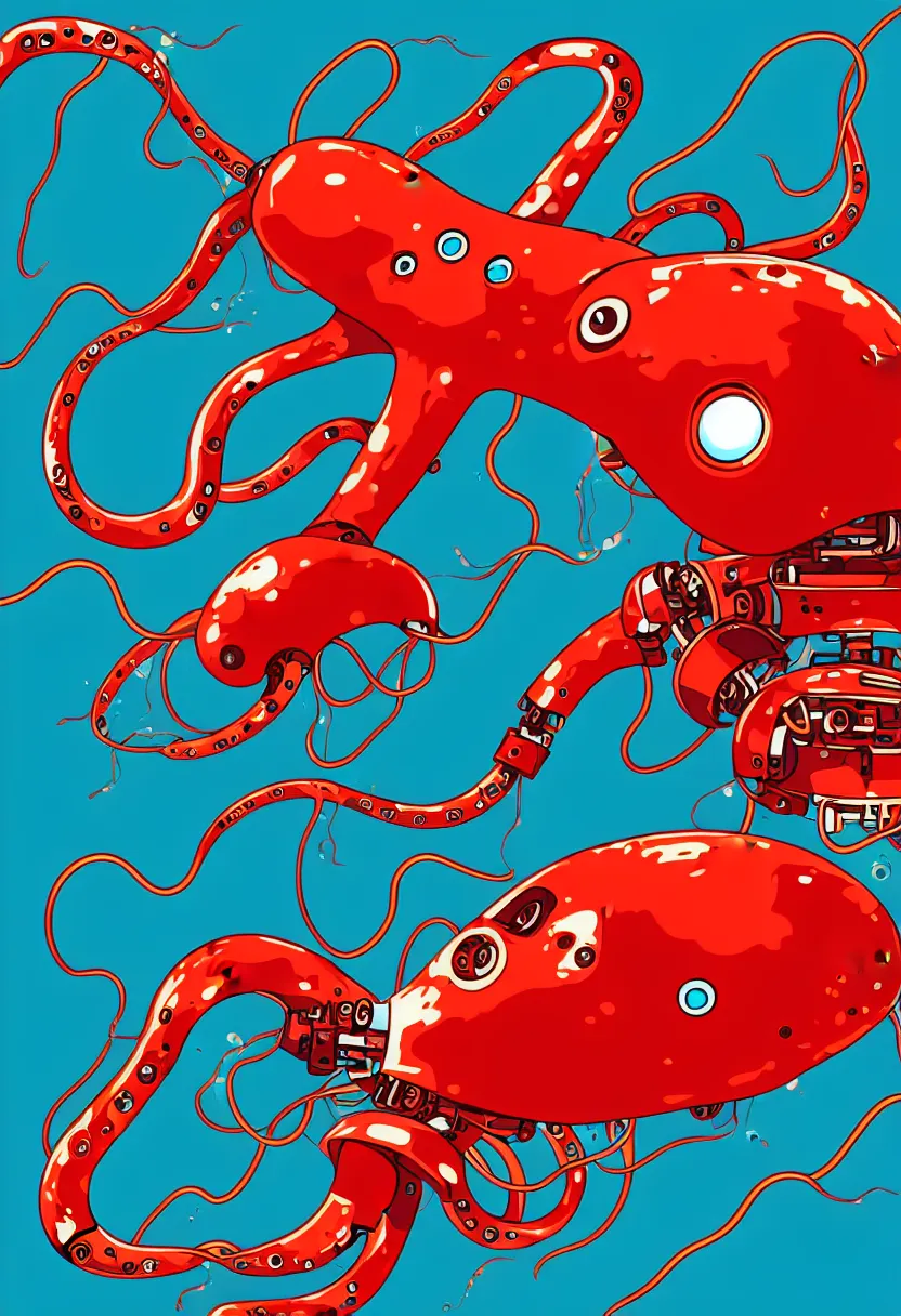 Image similar to a robot squid floats swims through a cloud of blood, concert poster for band named fingers, vector art, 8 k, highly detailed illustration