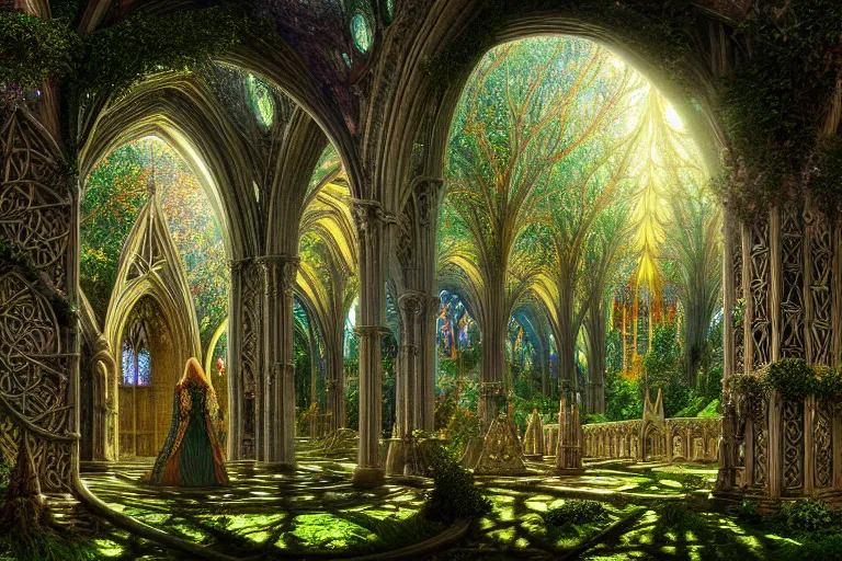 Image similar to a beautiful and highly detailed digital painting of an elven cathedral in a beautiful garden in a mystical forest, celtic, intricate psychedelic details, epic scale, insanely complex, cgsociety, 8 k, sharp focus, hyperrealism, by alex grey, caspar friedrich, albert bierstadt, james gurney, brian froud,