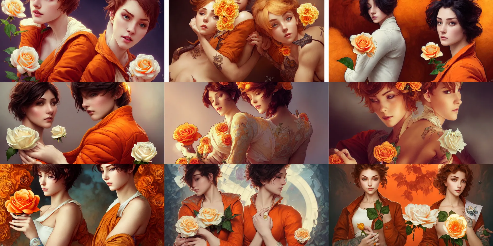 Prompt: orange jacket tattooed attractive short haired girl sits on a plush holding a white rose, deep focus, turnaround, fantasy, intricate, elegant, highly detailed, digital painting, artstation, concept art, matte, sharp focus, illustration, hearthstone, art by artgerm and greg rutkowski and alphonse mucha.