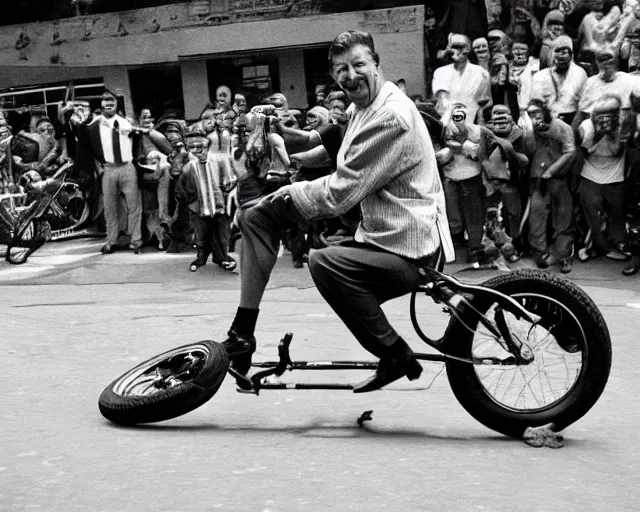 Prompt: 3 5 mm photograph of vince mcmahon pulling a wheelie on a monkey bike