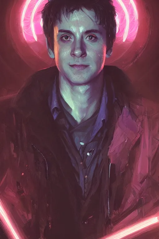 Image similar to portrait of Ron Wisly from harry potter in cyberpunk, neon lighting, night city, digital art from artstation by Ruan Jia and Mandy Jurgens and Artgerm and william-adolphe bouguereau and Greg Rutkowski and Wayne Barlowe