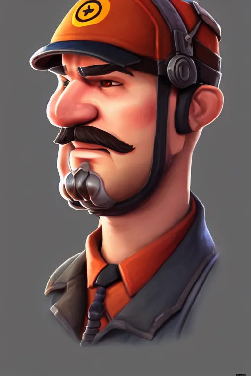 Image similar to beautiful highly detailed realistic stylized character portrait team fortress 2 engineer, detailed character art master portrait, trending on artstation