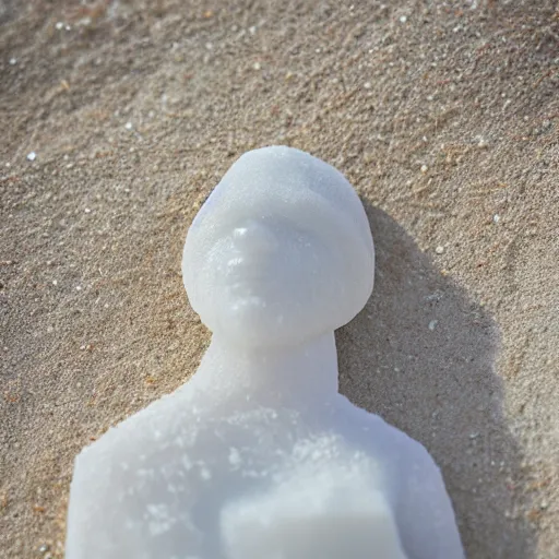 Image similar to salt sculpture made of salt shaped like a 30 year old woman in ancient Canaanite clothing, cracked desert background. somber. haunting. 40mm lens, shallow depth of field, split lighting