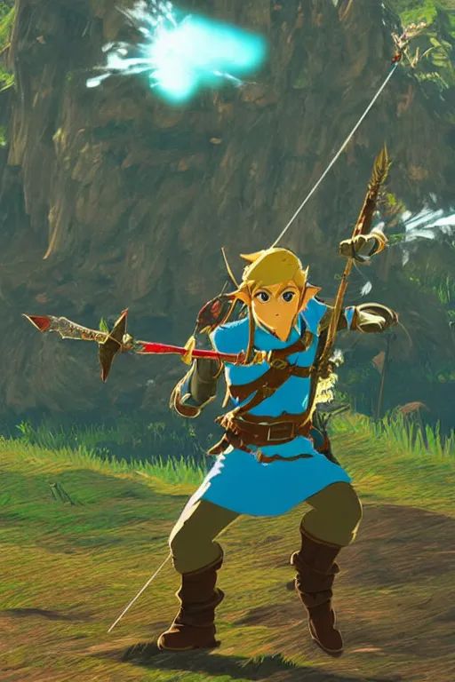Prompt: in game footage of link from the legend of zelda breath of the wild firing an exploding arrow, breath of the wild art style.