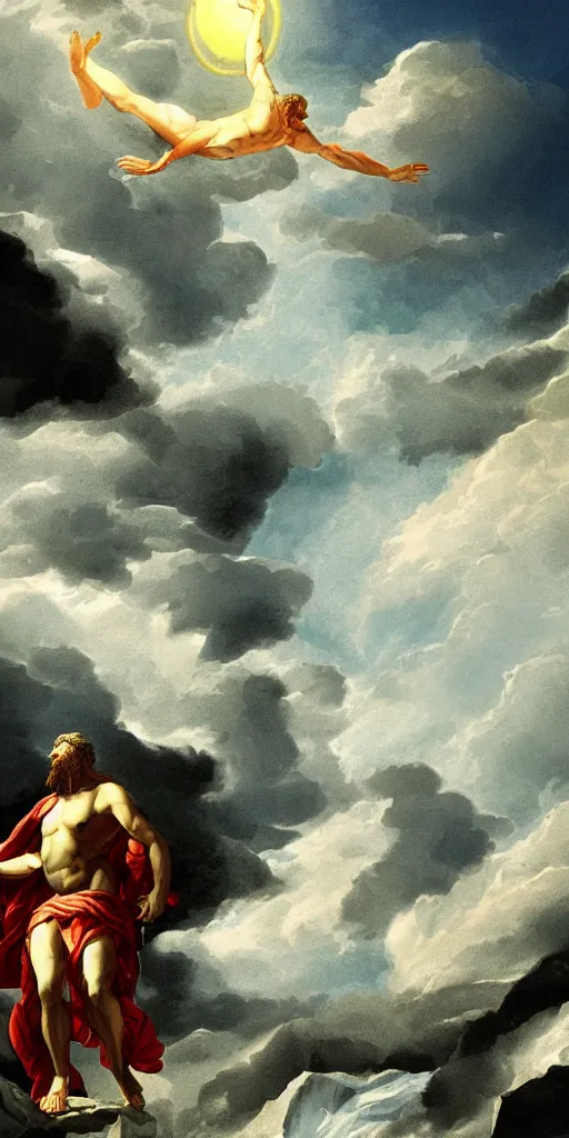 Image similar to a digital painting of Zeus descending from mount Olympus