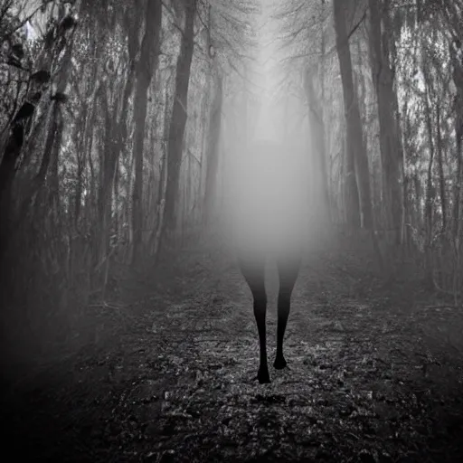 Image similar to disturbing creature with ghoulish face and long appendages, in a forest, black and white, realistic, with creepy fog