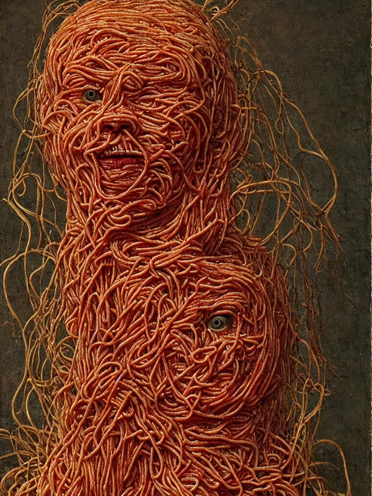 Image similar to a boy made of spaghetti and tomato, looking into camera, screaming in pain, by giuseppe arcimboldo and ambrosius benson, renaissance, intricate and intense oil paint, a touch of beksinski and hr giger and edward munch, realistic