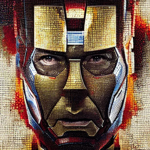 Image similar to mosaic portrait of iron man by greg rutkowski, 4k, intricate details, digital, explosion in the background