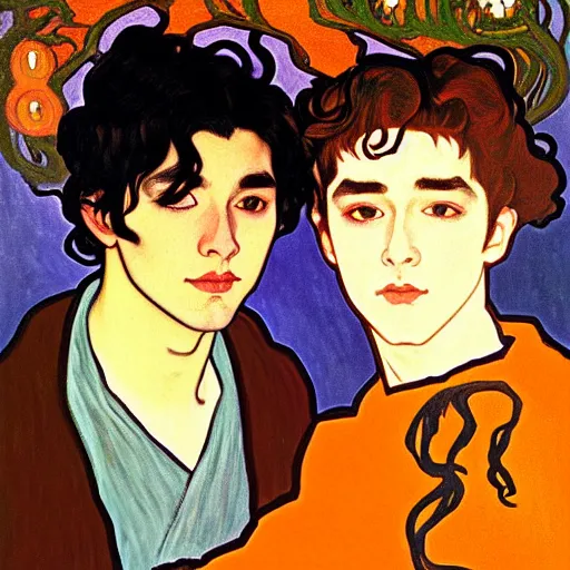 Image similar to painting of young cute handsome beautiful dark medium wavy hair man in his 2 0 s named shadow taehyung and cute handsome beautiful min - jun together at the halloween party, bubbling cauldron, candles, smoke, tarot, autumn colors, elegant, stylized, soft facial features, delicate facial features, art by alphonse mucha, vincent van gogh, egon schiele