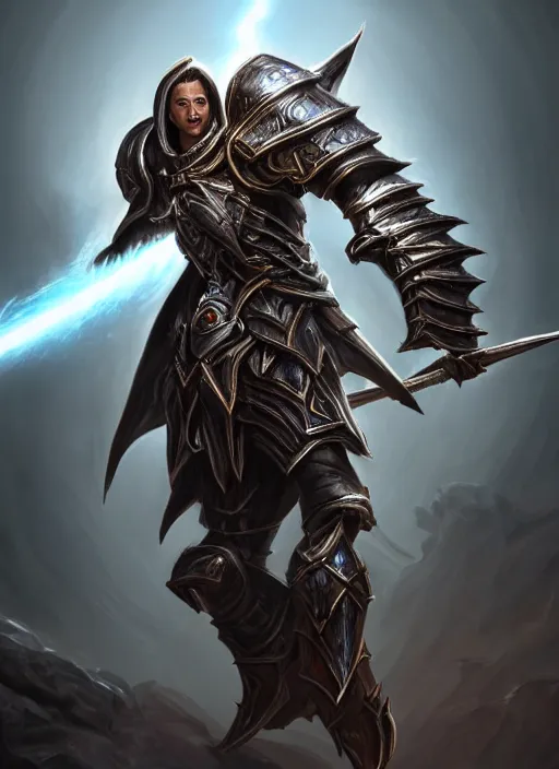 Image similar to portrait of an athletic male knight casting a huge lightning spell as a diablo 3 character, looking at camera, his armor is infused with lightning bolts, D&D, lightning master, short hair, intricate, elegant, stylish, cute smile, fantasy, extremely detailed, digital painting, artstation, concept art, smooth, sharp focus, illustration, ambient lighting, art by artgerm and greg rutkowski and alphonse mucha and simon stalenhag
