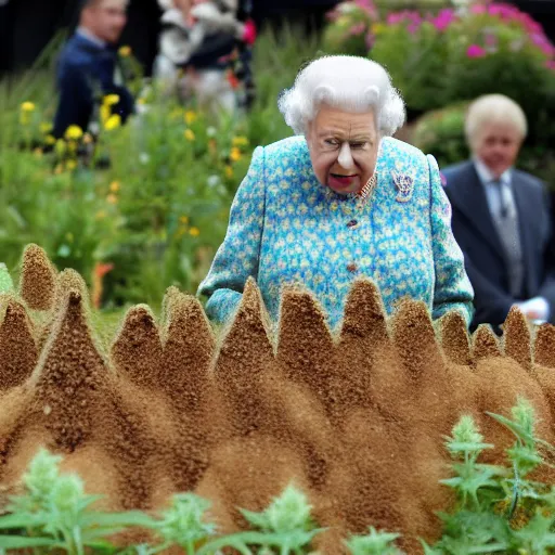 Prompt: the queen's corgi growing weed in Buckingham Palace