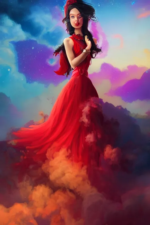 Image similar to a beautiful persian princess in colorful clouds and smoke, red dress, long black hair, smiling in awe, face, highly detailed, artstation, concept art, sharp focus, digital art by hana yata, octane render, unreal engine, 8 k