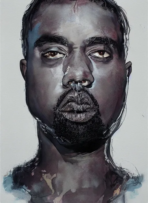 Image similar to ( ( ( ( ( beautiful painting of [ kanye west ], [ kanye west ] concept art, sci - fi illustration, airbrush watercolor painting [ cyberpunk ] ) ) ) ) ) by marlene dumas and archan nair [ hyperrealism ]!!!!!!!