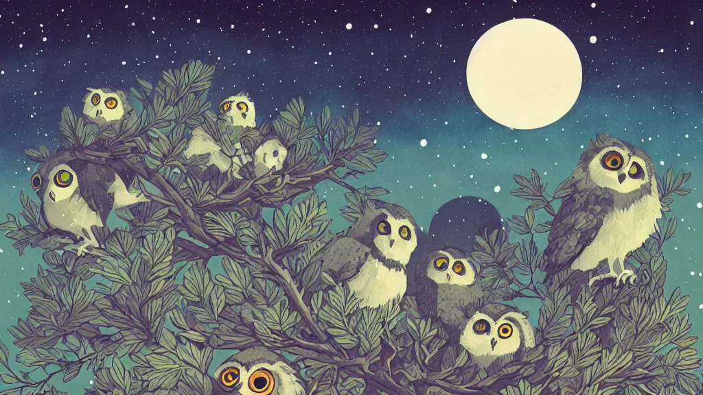 Prompt: very detailed, ilya kuvshinov, mcbess, rutkowski, watercolor papercraft illustration of nest of baby owls at night, colorful, deep shadows, astrophotography, highly detailed, wide shot