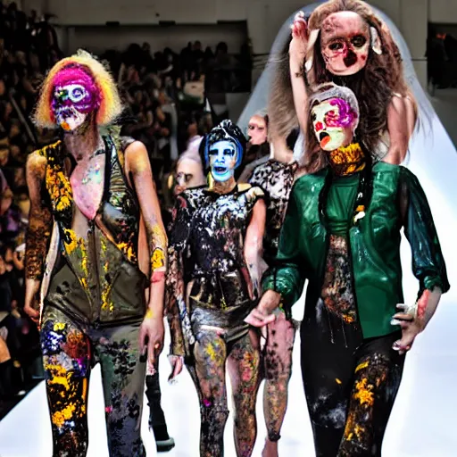 Prompt: high-fashion irradiated zombies walk the runway in a post-apocalyptic world