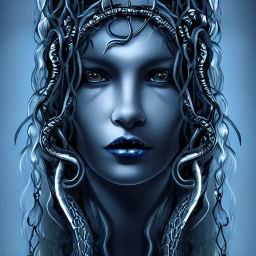 Prompt: dark portrait of medusa, deep blue, silver snakes, high detail concept art, dark fantasy, backlight, atmospheric, trending on artstation