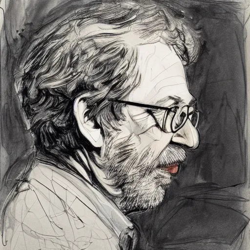 Image similar to a realistic yet scraggly portrait sketch of the side profile of a stern and sophisticated stephen spielberg, trending on artstation, intricate details, in the style of frank auerbach, in the style of sergio aragones, in the style of martin ansin, in the style of david aja, in the style of mattias adolfsson