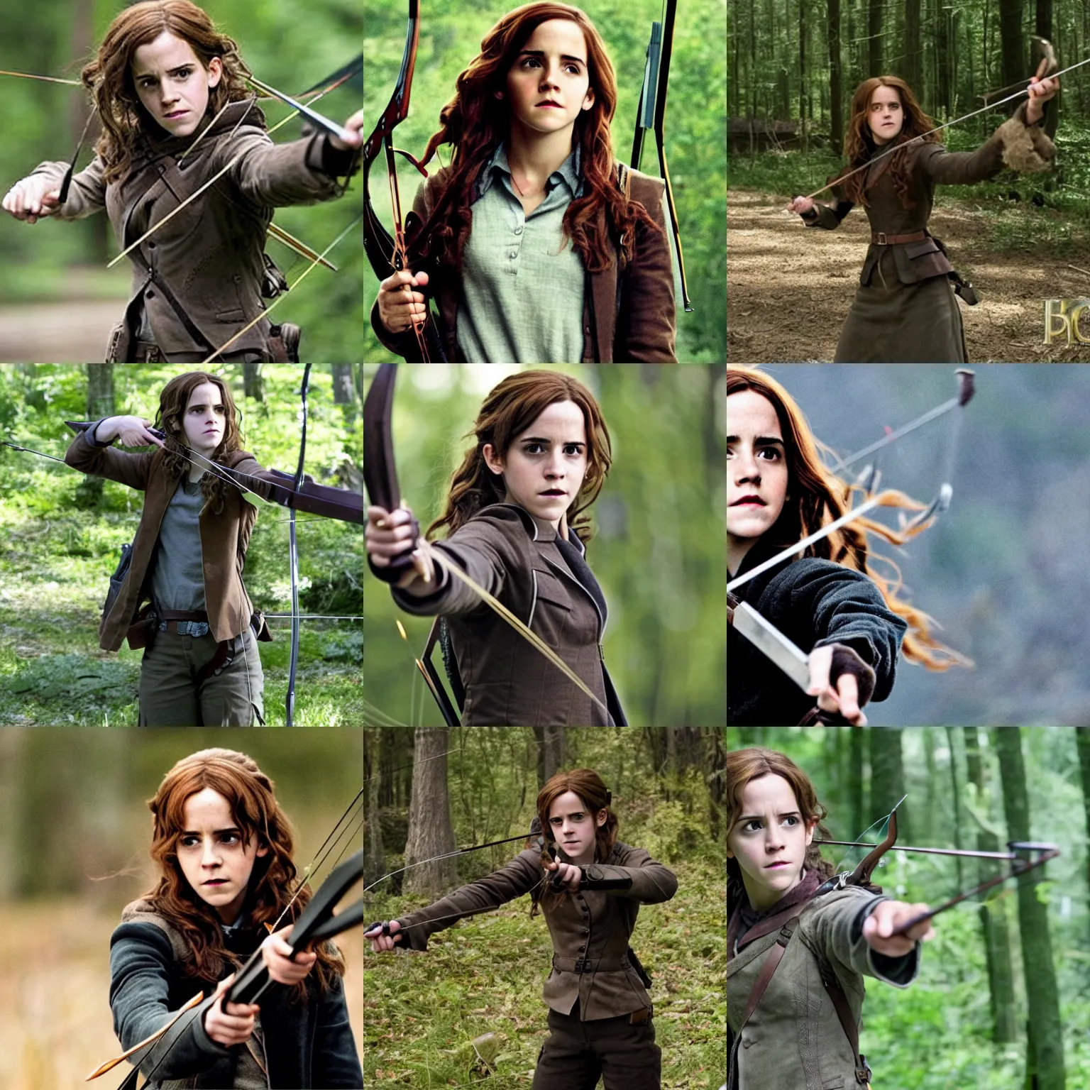 Prompt: Hermione Granger/Emma Watson, holding a crossbow, in the Hunger Games, film still