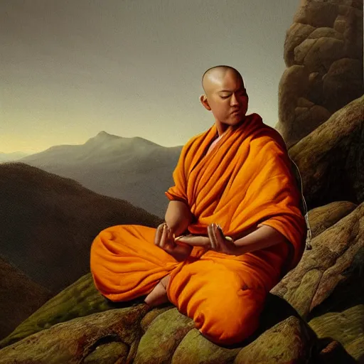 Image similar to a painting of a monk wearing headphones meditating on top of a mountain, style by joseph christian, detailed, coherence, smooth, hyper detailed, studio quality