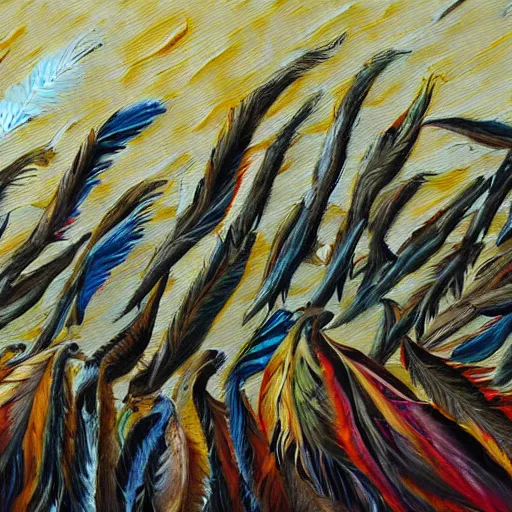 Prompt: expressive oil painting of a flock of velociraptors, detailed feathers, complex color scheme