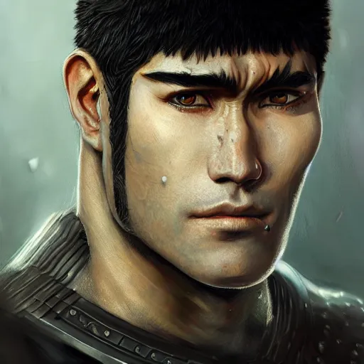 Prompt: semi realistic portrait of guts from berserk extremely detailed, made by wlop and maxwell boas