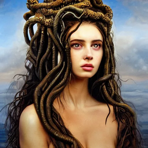 Image similar to Head and shoulders masterpiece portrait of the beautiful goddess Lana Rhoades as Medusa the greek goddess, she is looking straight to the camera, she has a glow coming from her, she is getting illuminated for rays of light, behind is a scary atmosphere, she is posing, the photo was taking by Annie Leibovitz, matte painting, oil painting, naturalism, 4k, 8k