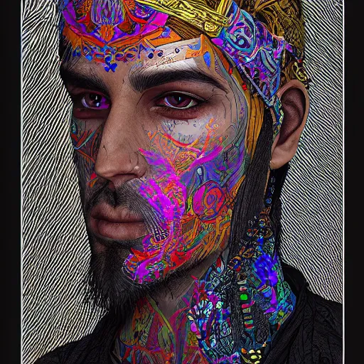 Image similar to portrait of an afghani male model, an ultrafine detailed illustration by james jean, intricate linework, bright colors, final fantasy, behance contest winner, vanitas, angular, altermodern, unreal engine 5 highly rendered, global illumination, radiant light, detailed and intricate environment