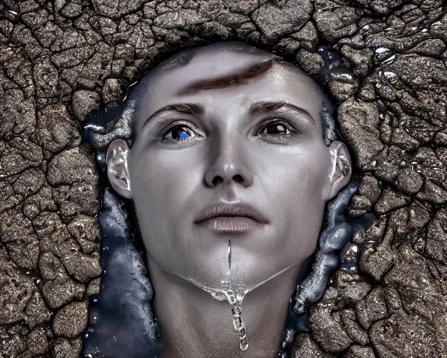 Prompt: water art manipulation of a realistic human head with open eyes burried in the ground, surreal, hyper realistic, ray tracing, realistic water, sharp focus, 8 k resolution, cinematic