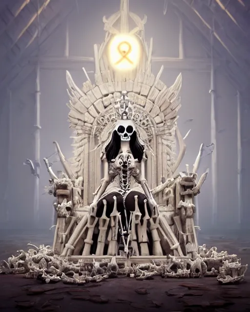 Image similar to computer rendering of a bone queen sitting on her throne, bone crown, skull earings, bone dress, throne made of bones, stephen bliss, unreal engine, by greg rutkowski, loish, rhads, makoto shinkai and lois van baarle, ilya kuvshinov, rossdraws, global illumination, radiant light, trending on artstation