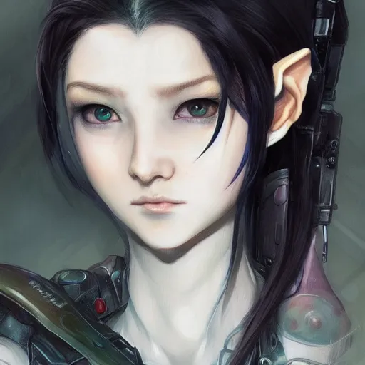 Image similar to portrait of an elf girl by ayami kojima, she is about 2 0 years old, mixture between british and japanese, black bob hair, and she is wearing a modern tactical gear, scifi, highly detailed portrait, digital painting, artstation, concept art, smooth, sharp foccus ilustration, artstation hq