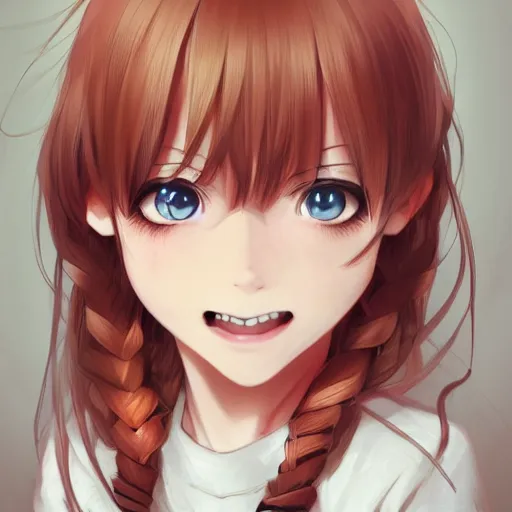 Prompt: An anime portrait of a smiling girl with long straight red-blonde hair, brown eyes, wearing a shirt, young child, medium shot, whole head, by Stanley Artgerm Lau, WLOP, Rossdraws, James Jean, Andrei Riabovitchev, Marc Simonetti, and Sakimi chan, trending on artstation