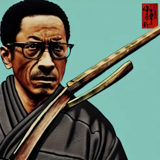 Image similar to gustavo fring from breaking bad wearing samurai armor and holding a katana in feudal japan, 4 k, hyper realistic, ink block painting, edo period