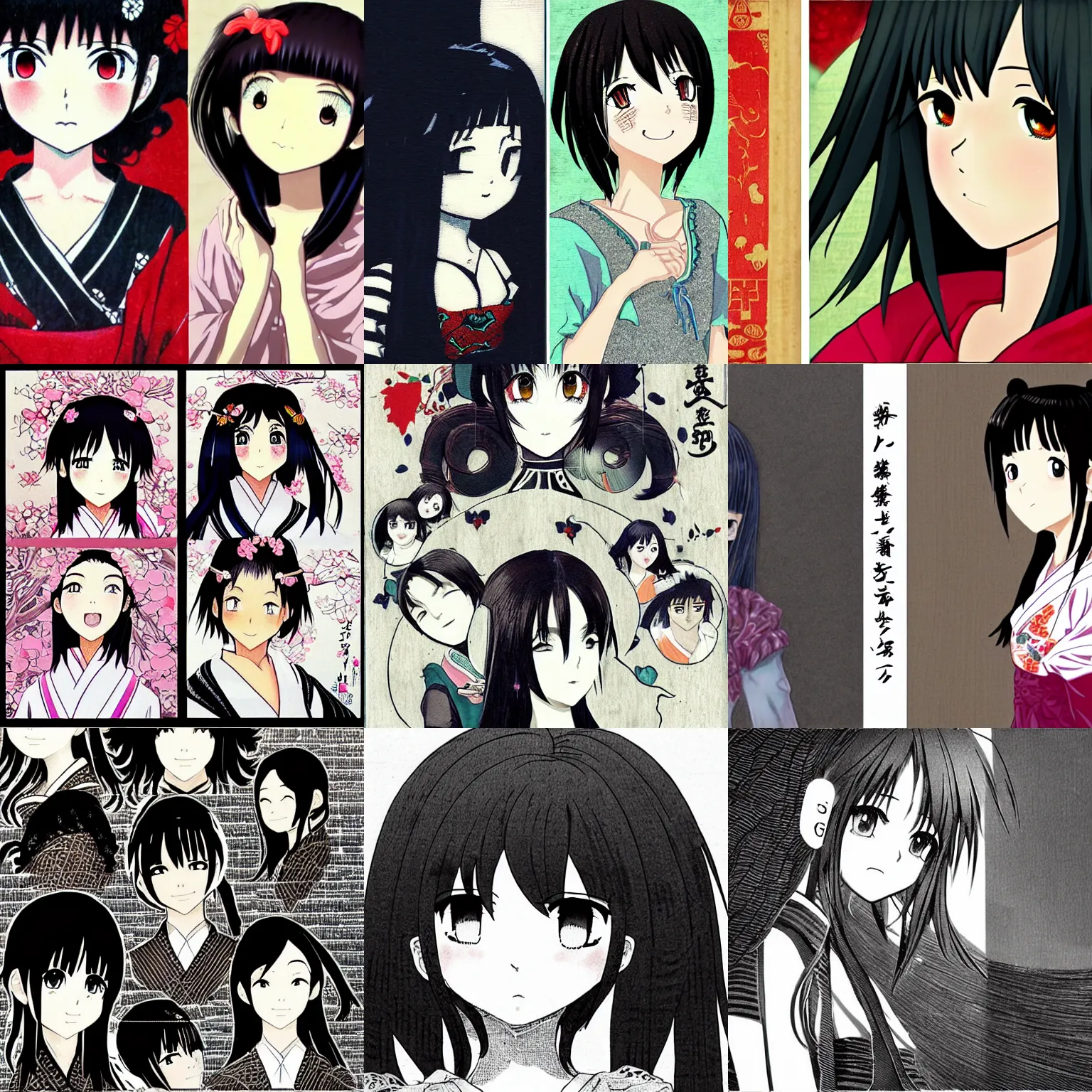 Prompt: photorealistic, a beautiful smiling anime's girl with black hair and hime cut in the style of Japanese and European woodcuts