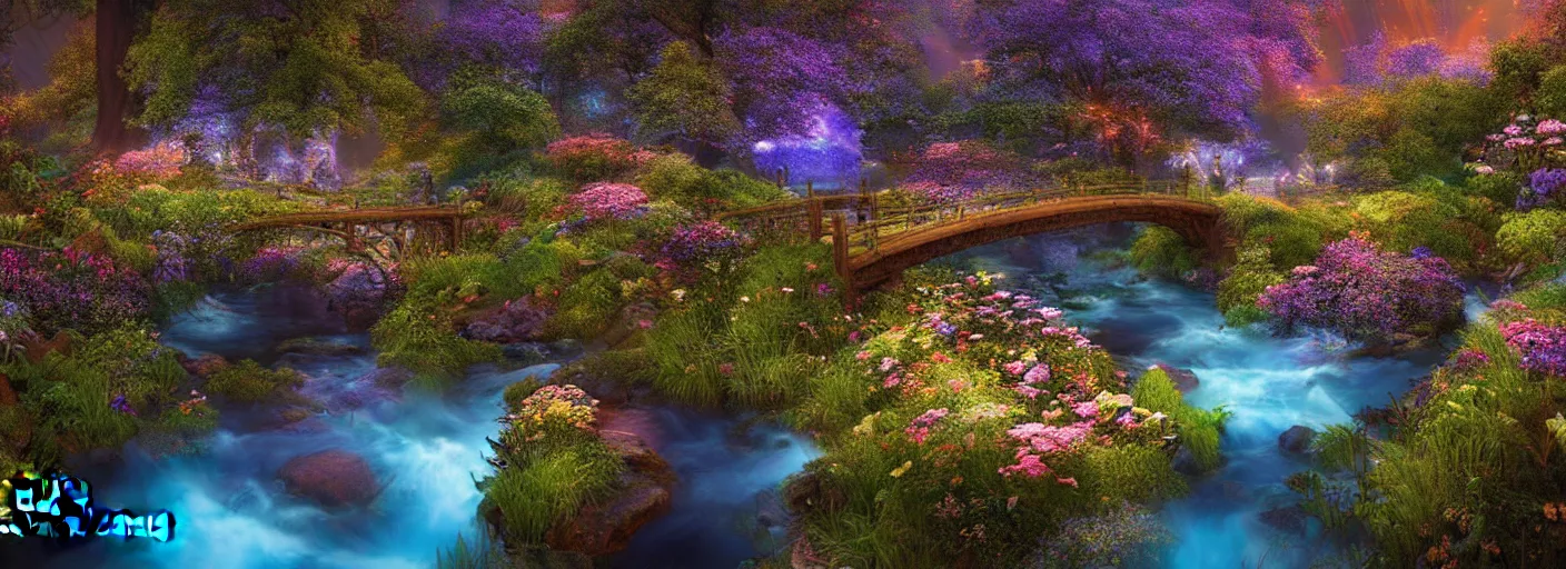 Image similar to photograph of enchanted garden, blue river in the middle, glowing bridge, with rays of light, flowers with intricate detail, by marc adamus, highly detailed, intricate detail, cinematic lighting