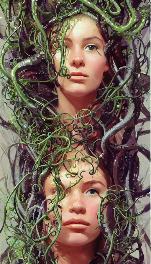 Prompt: very detailed portrait of a 2 0 years old girl surrounded by tentacles, the youg woman visage is blooming from fractal and vines, by john berkey