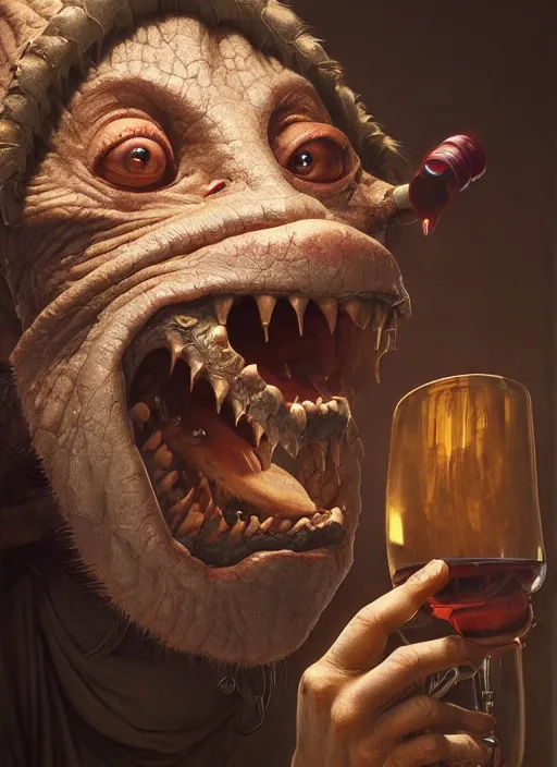 Image similar to highly detailed closeup portrait of a medieval goblin drinking wine, stephen bliss, unreal engine, greg rutkowski, ilya kuvshinov, ross draws, hyung tae and frank frazetta, tom bagshaw, tom whalen, nicoletta ceccoli, mark ryden, earl norem, global illumination, god rays, detailed and intricate environment